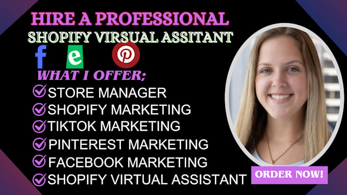 Gig Preview - Be your shopify virtual assistant, marketer setup tiktok shop fb, pinterest shop