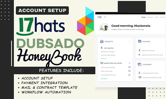 Bestseller - setup honeybook, dubsado automation, 17hats account, CRM workflow automation