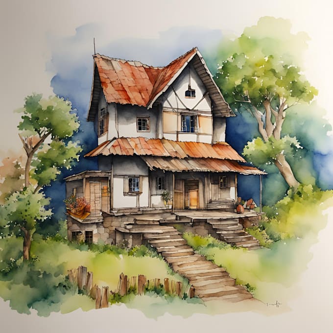 Bestseller - draw building, village, and house with pen and watercolor