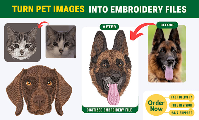 Gig Preview - Digitize your cat dog or pet image into an embroidery design file