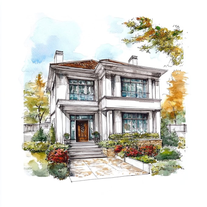 Gig Preview - Hand draw architectural home building portrait sketches with watercolor