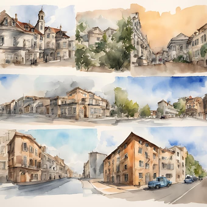 Gig Preview - Sketch and watercolor of buildings, houses and other places