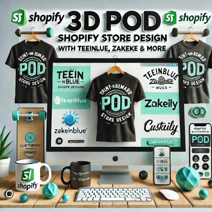 Gig Preview - Design a 3d pod shopify store with teeinblue zakeke customily kickclip