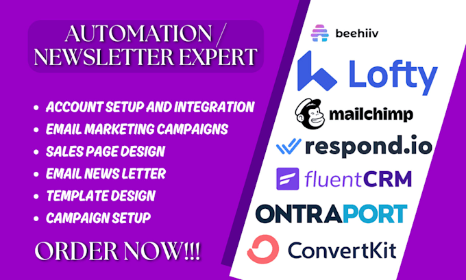 Gig Preview - Setup beehiiv lofty mailchimp respond io fluentcrm ontraport convertkit