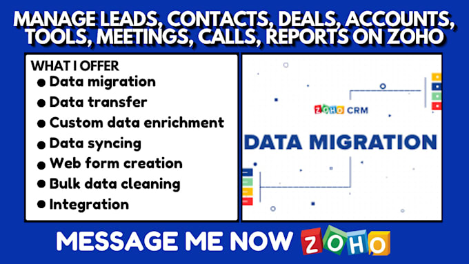 Gig Preview - Manage leads, contacts, deals, accounts, tools, meetings, calls, reports on zoho