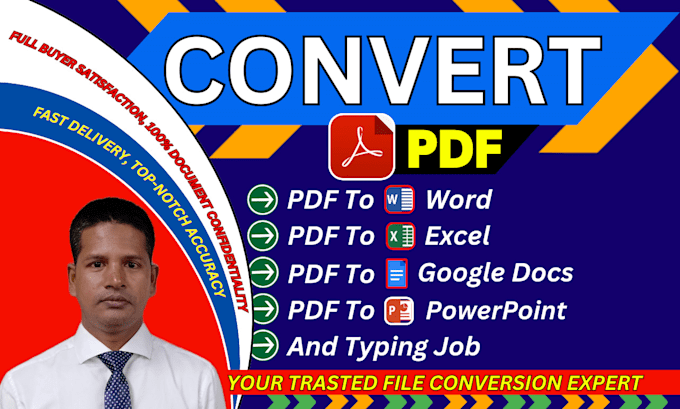 Gig Preview - Convert PDF to word, excel, google docs, powerpoint, typing services