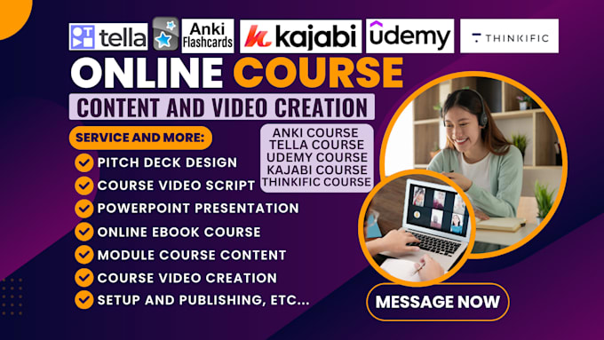 Gig Preview - Create online course content ppt edit video anki tella thinkific course upload