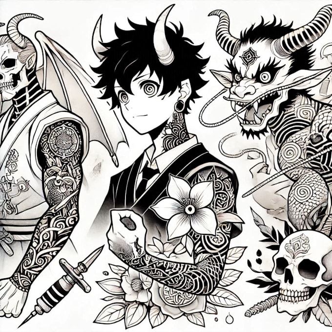 Bestseller - tattoo illustration anime style in lines