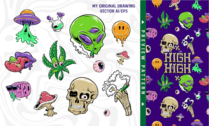 Gig Preview - Design a seamless repeat trippy, weed, alien vector pattern