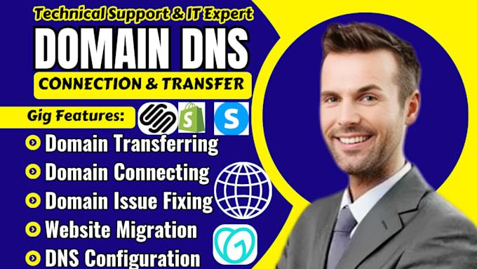 Gig Preview - Connect domain transfer domain dns to shopify systeme io squarespace godaddy