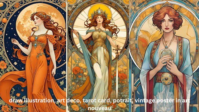 Gig Preview - Draw art nouveau illustration, custom tarot cards, vintage retro, art deco