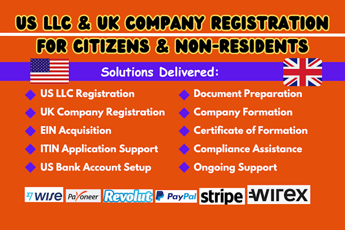 Gig Preview - Do US or UK company registration, USA bank account, ein and cic registration