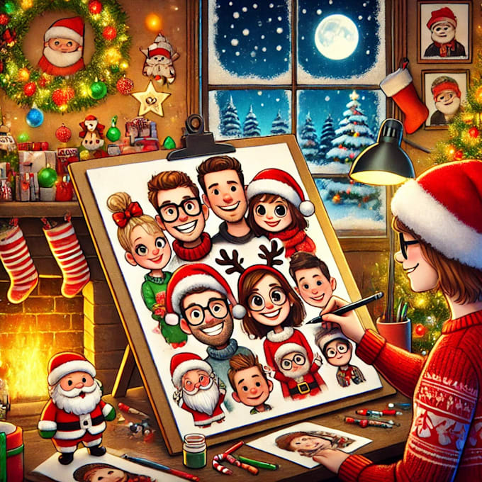 Gig Preview - Draw your beautiful christmas cartoon portraits and caricatures for 2024