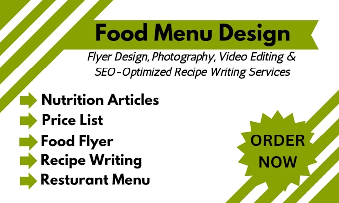 Gig Preview - Cookbook writing, meal plan design menus, food flyers and video editing services