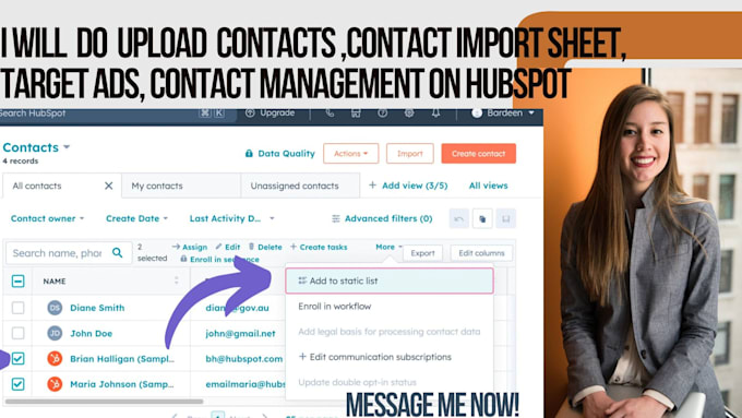 Gig Preview - Do contacts import sheet, target ads, contact management on hubspot