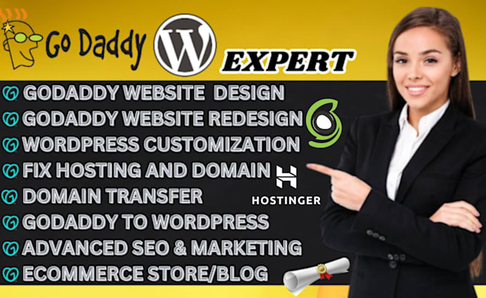 Gig Preview - Godaddy design redesign wordpress website on bluehost siteground hostinger site