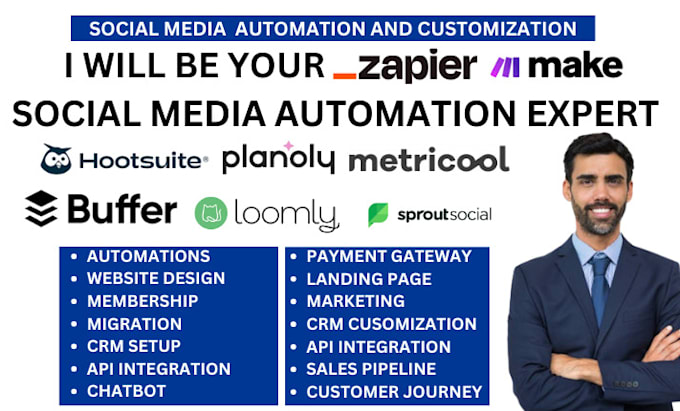 Gig Preview - Do social media scheduling on hootsuite zapier make com buffer planoly metricool