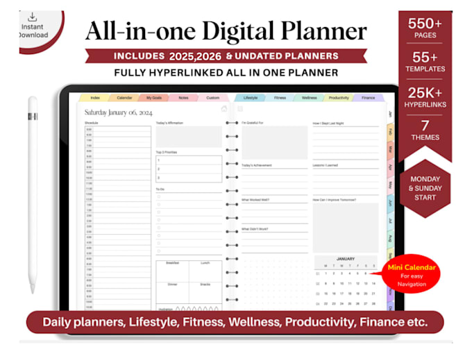 Gig Preview - Do 2025 printable etsy hyperlinked digital planner product