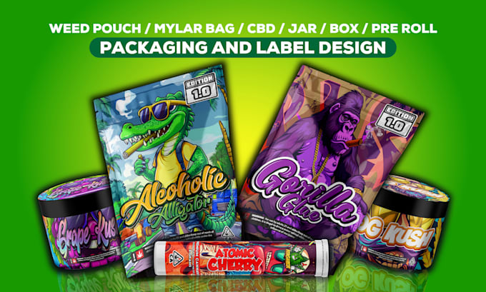 Gig Preview - Design unique weed pouch, mylar bag, jar and cannabis cbd packaging