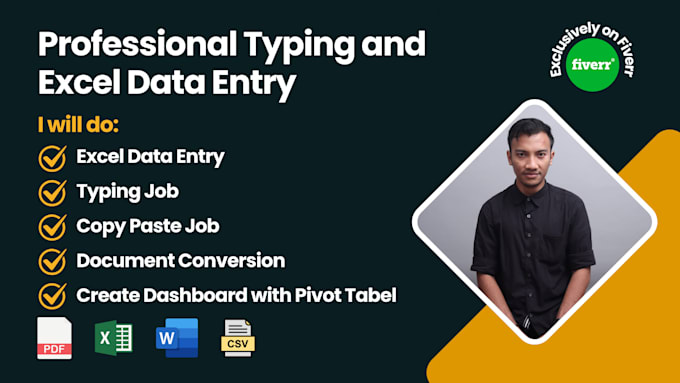 Gig Preview - Do excel data entry, typing, copy paste, file conversion for your work office