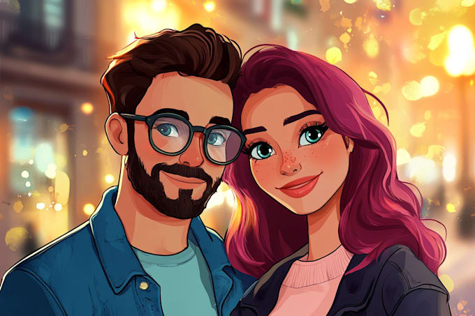 Gig Preview - Create a cute cartoon couple portrait