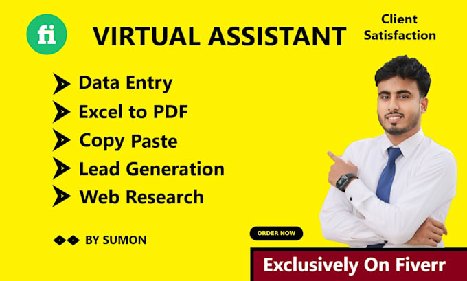 Gig Preview - Do virtual assistant, data entry, web research, and excel to pdf