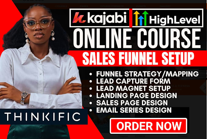 Gig Preview - Online course sales funnel in gohighlevel expert kajabi website landing page