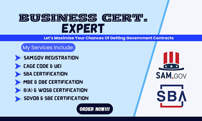 Gig Preview - Get mbe wbe sbe wosb 8a dbe uei cage code sba certification sam gov registration