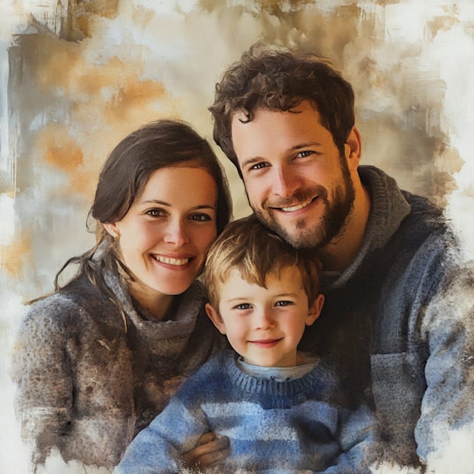 Gig Preview - Paint a family portrait into a digital watercolor painting with oil painting