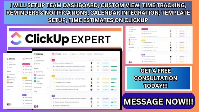 Gig Preview - Setup team dashboard custom view time tracking calendar integration on clickup