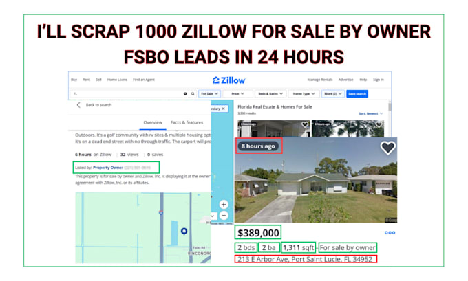 Gig Preview - Scrap 1000 zillow for sale by owner fsbo leads in 24 hours