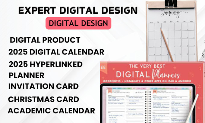 Gig Preview - Design 2025 hyperlinked calendar planner invitation card design digital product