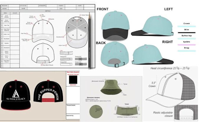 Gig Preview - Design cap tech pack hat techpack and beanies flat sketch with mockup tech packs