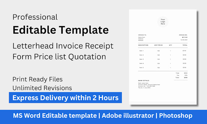 Gig Preview - Do letterhead invoice receipt form price list editable template design