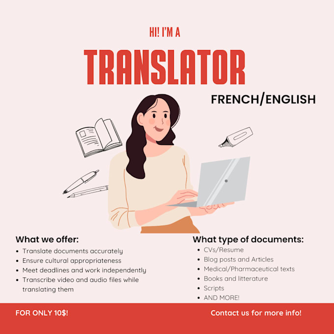 Gig Preview - Translate any document between french and english