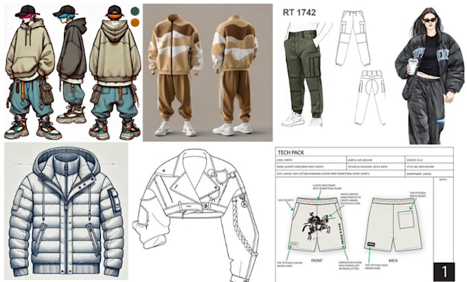 Gig Preview - Design streetwear tech pack apparel, hoodie tracksuit flat sketch puff design