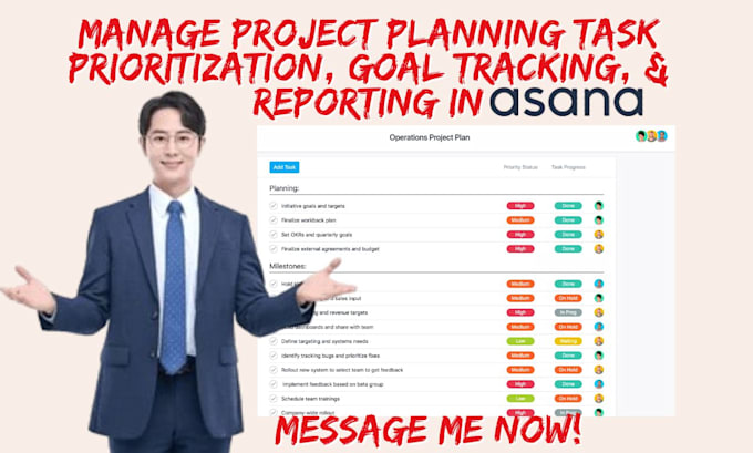 Gig Preview - Manage asana for project planning task prioritization goal tracking reporting