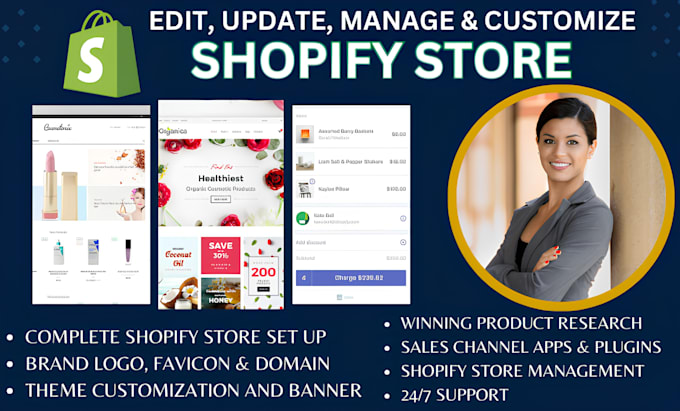 Gig Preview - Edit update manage customize shopify store design redesign shopify website