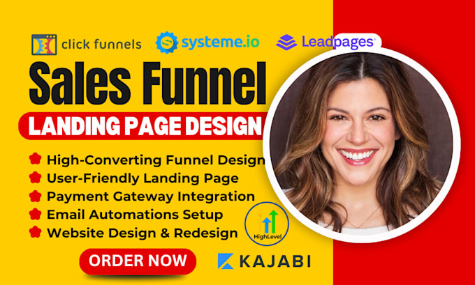 Gig Preview - Design clickfunnels sales funnel, gohighlevel, systemeio, leadpages landing page