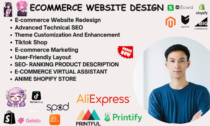 Gig Preview - Design highly converting ecommerce website anime shopify ecwid etsy pod store