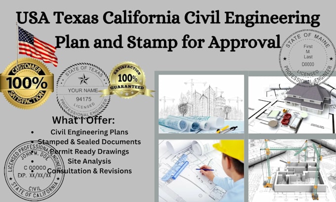 Gig Preview - Do usa texas california civil engineering plan and stamp for approval