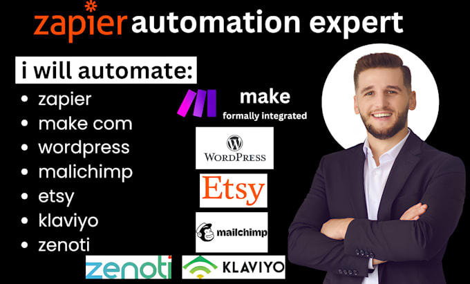 Gig Preview - Zapier make com wordpress malichimp etsy klaviyo zenoti automation