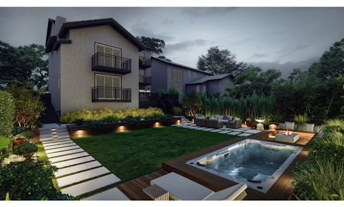 Bestseller - do landscape backyard, frontyard outdoor design, garden, pool 3d render visual