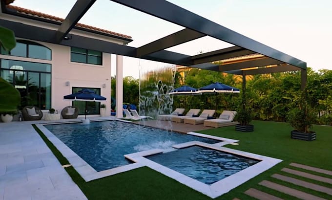 Gig Preview - 3d render backyard outdoor landscape design, garden pool rendering, patio design