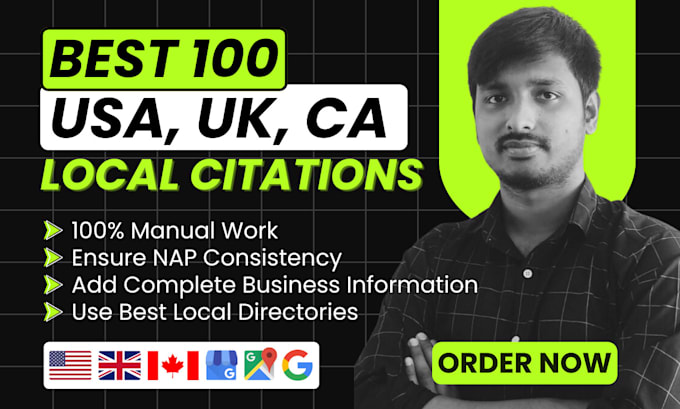 Gig Preview - Create top 100 USA, UK, ca local citations for top ranking