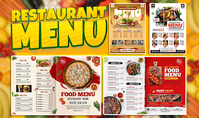 Gig Preview - Design modern restaurant menu and food menu, digital menu board food flyer, logo