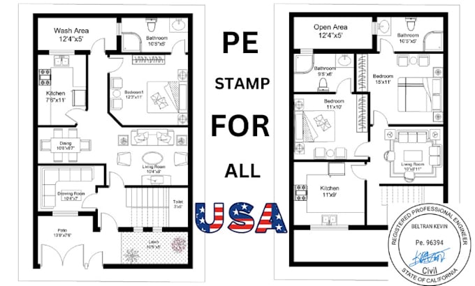 Gig Preview - Do texas, california, florida pe stamp, city permit structural floor plan, hvac