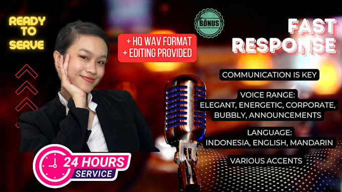 Gig Preview - Record a professional indonesian voice over in 24 hours