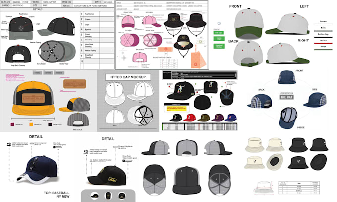 Bestseller - design flat sketch  hats, caps, beanies, baseball cap mockup with tech pack