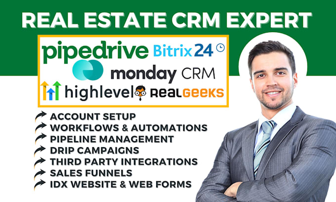 Gig Preview - Setup pipedrive real geeks bitrix24 workflow monday crm gohighlevel automation